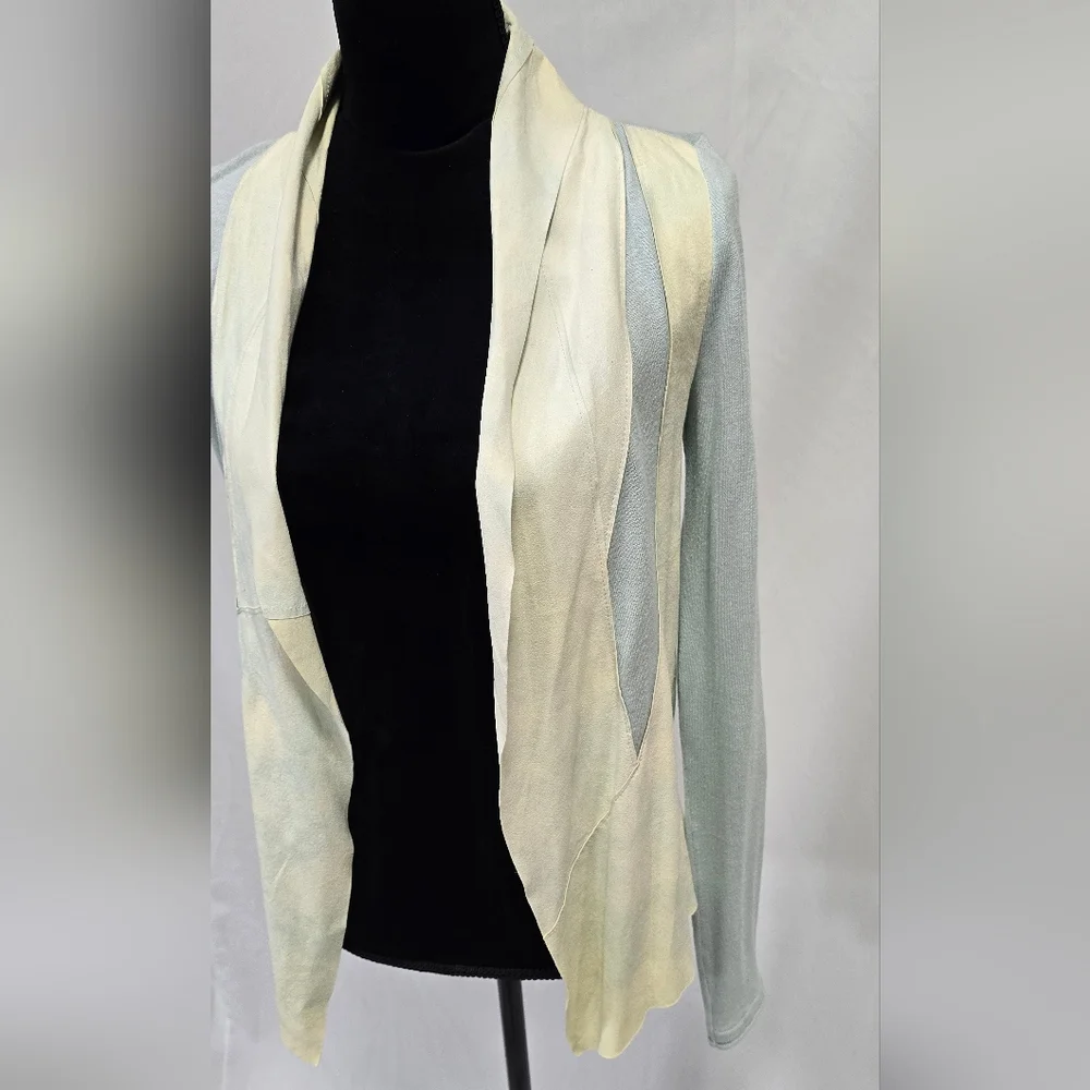 Elie Tahari women XS lamb suede trim knit open cardigan lagenlook boho artsy‎